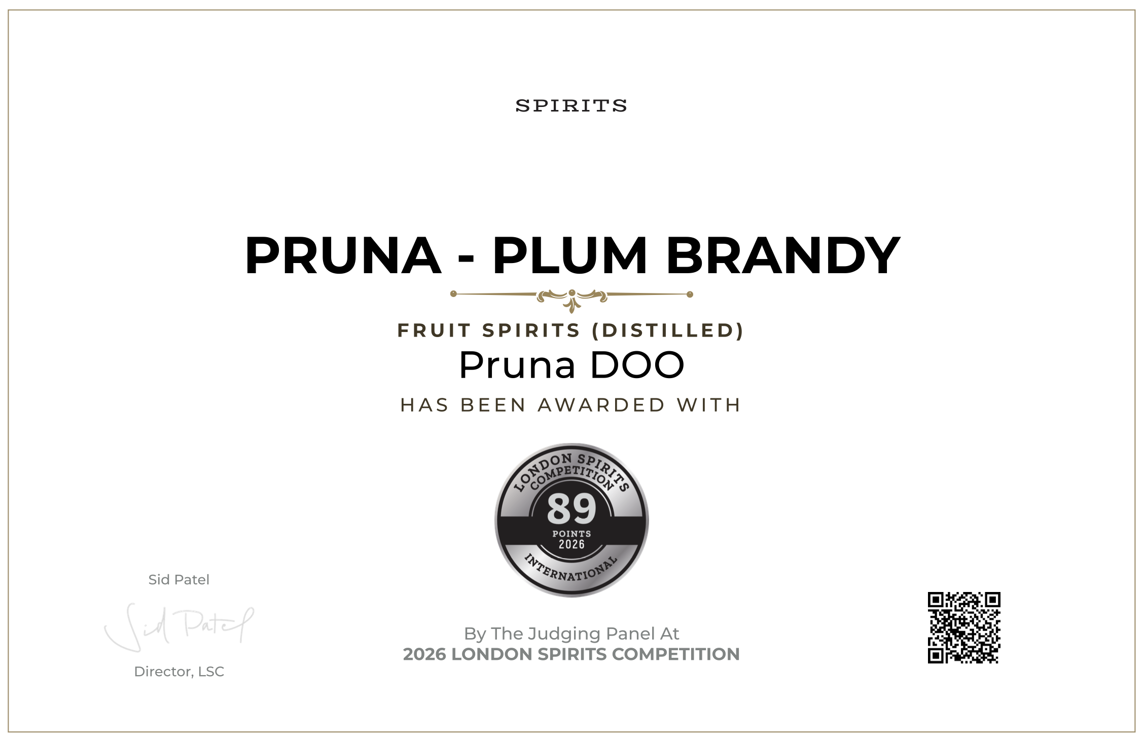 Pruna Plum Brandy London Spirits Competition Certificate